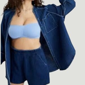 Aerie Gauzy Beach Coverup Shirt Indigo Blue Medium